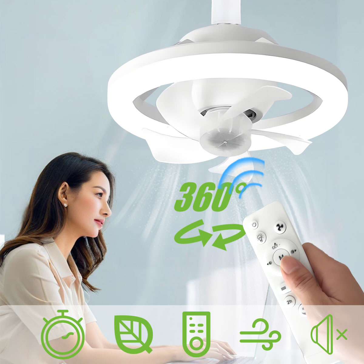 Home Bathroom Ventilation - 360 ° Roterende E27 plafondventilatorlamp LED-licht
