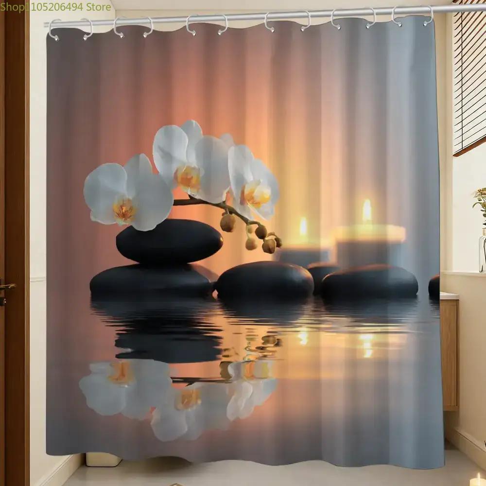Home Bathroom Spa Ideas - Douchegordijn met Zen Orchidee en Stenen,
