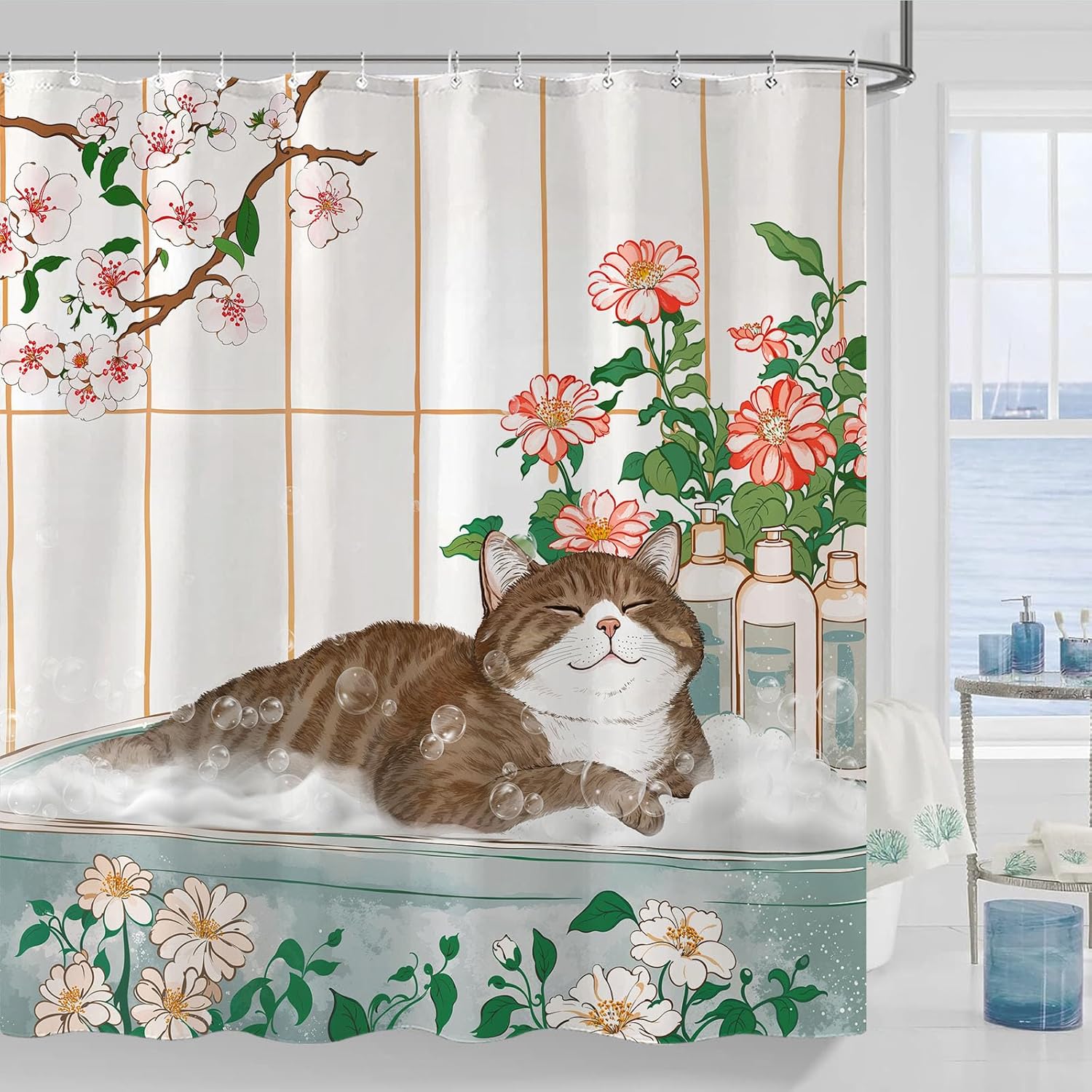 Home Bathroom Spa Ideas - Esthetisch kat bloemen aquarel douchegordijn badkamer
